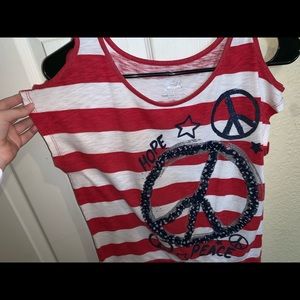 red, white & blue open-shoulder t-shirt !